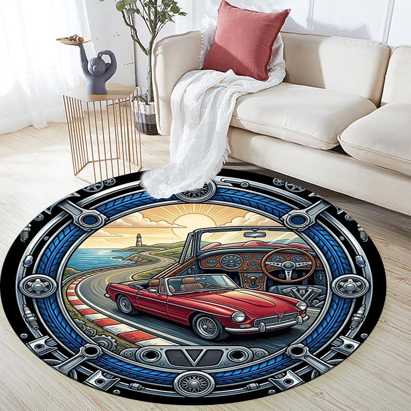 Classic Car Coastal Drive Round Area Rug Under Office Chairs Bedroom Living Room Home Decor