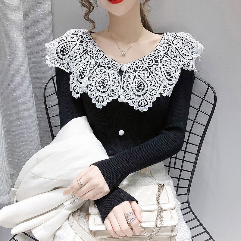 Doll Neck Women's Autumn and Winter New Spliced Lace Hollow Out Button Fashion Solid Color Casual Long Sleeved Knitted Top