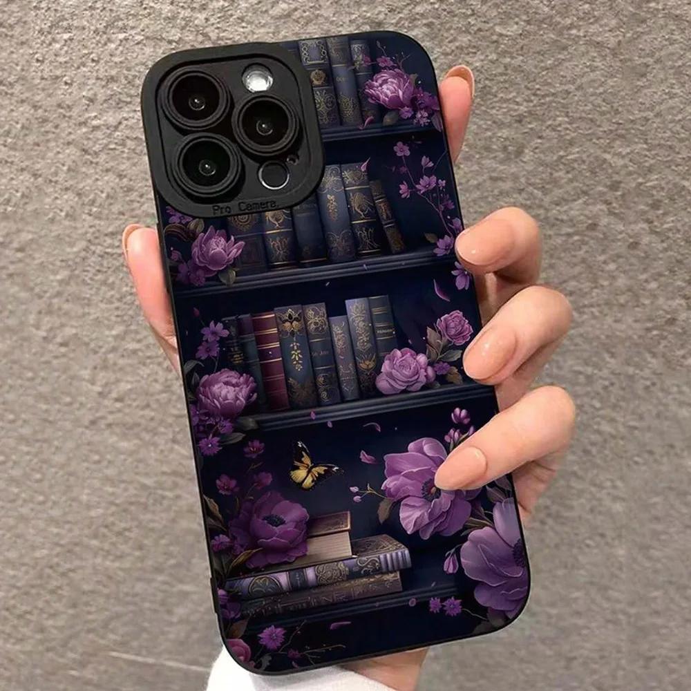 Vintage Perforierte Kante Lila Bücherregal Bemalte Hülle Für iPhone 16 15 14 13 12 11 Pro Max XS X XR 7 8 16 Plus SE 2022 2020 Abdeckung
