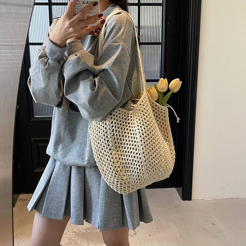 Yogodlns Summer Beach Woven Tote Bag For Women Hollow-out Lightweight Large Capacity Shopper Shoulder Bag with Inner