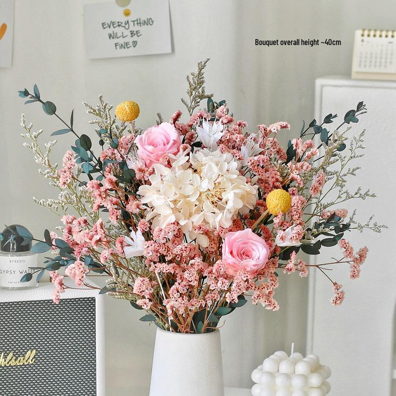 Immortal Rose Dried Bouquet: Eucalyptus, Hydrangea, Crystal Grass, and Baby's Breath for Home or Bedroom Decoration