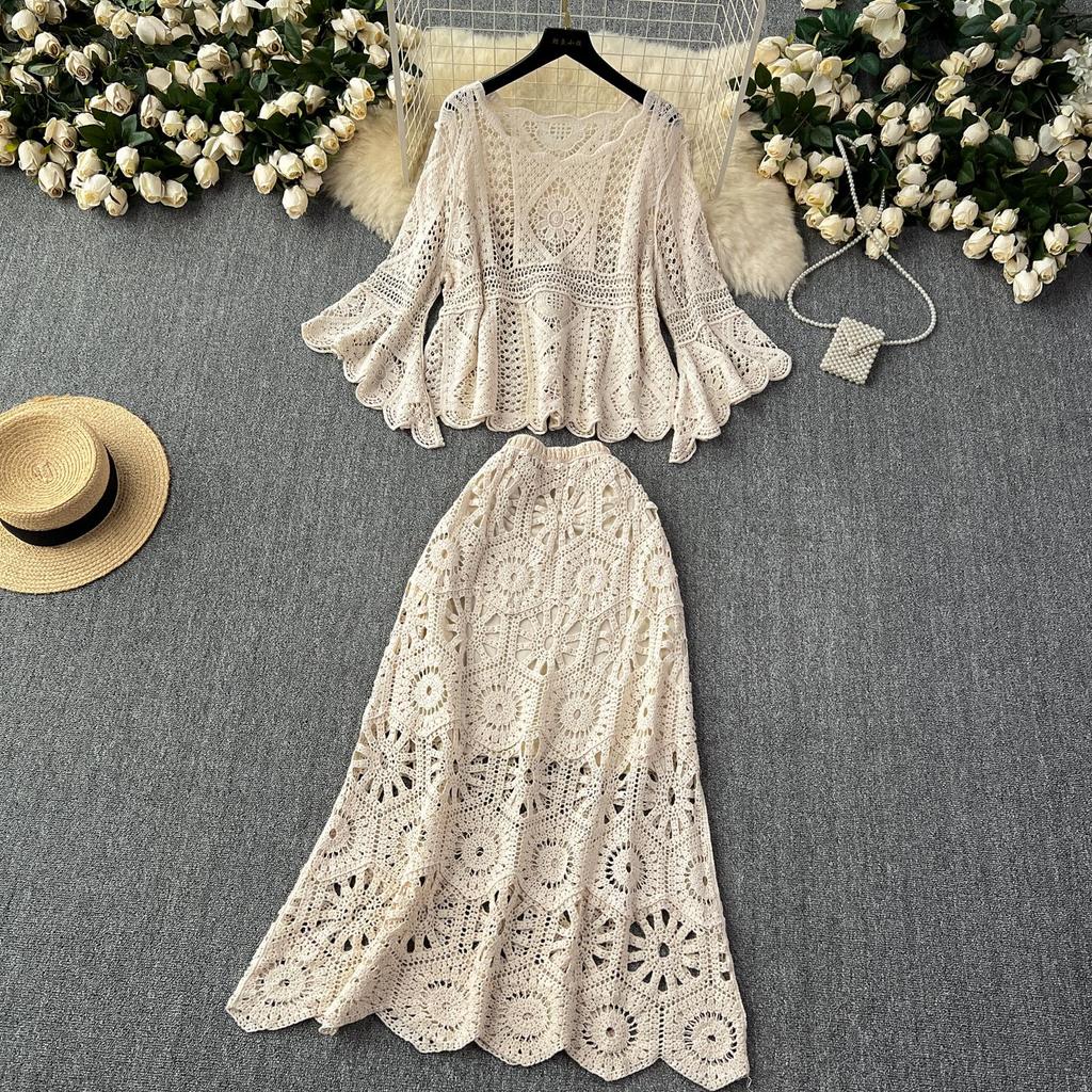 DIMANAF Neue 2025 Rock Anzug Frauen Stricken Strand Kurzarm Spitze Aushöhlen Sexy Oansatz Hohl Sommer Stil Tops Tees lose Grundlegende