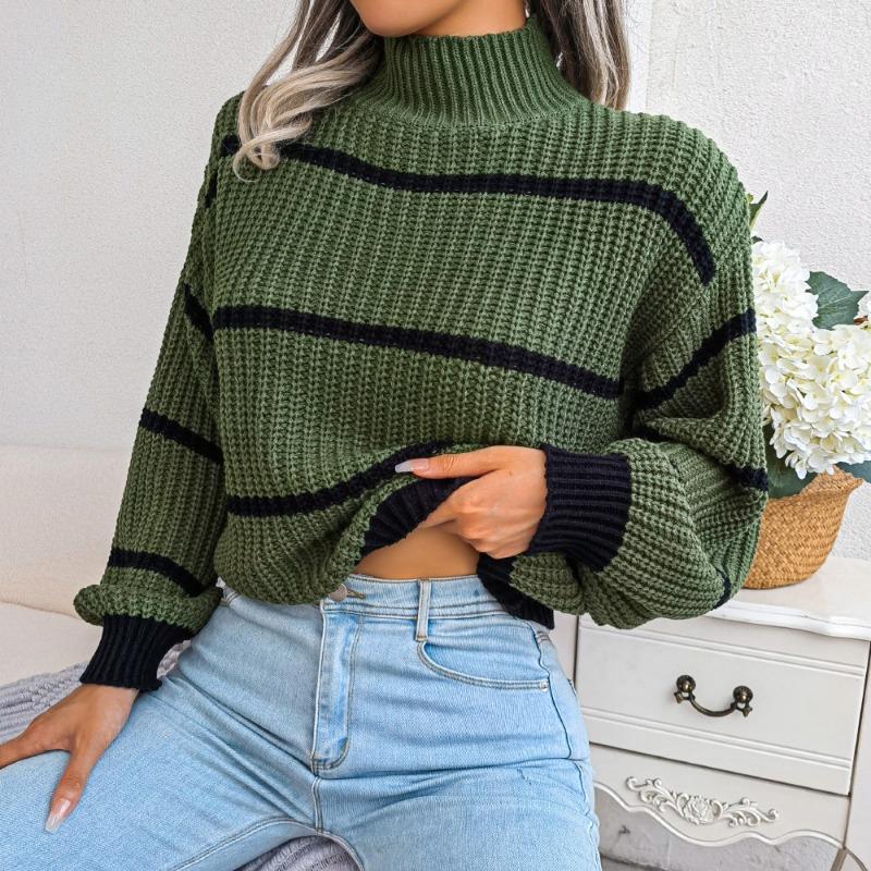 Striped Half High Collar Sweater Lantern Sleeve Knitted Pullover Women's Casual Top Thickened Warm Comfortable Autumn and Winter