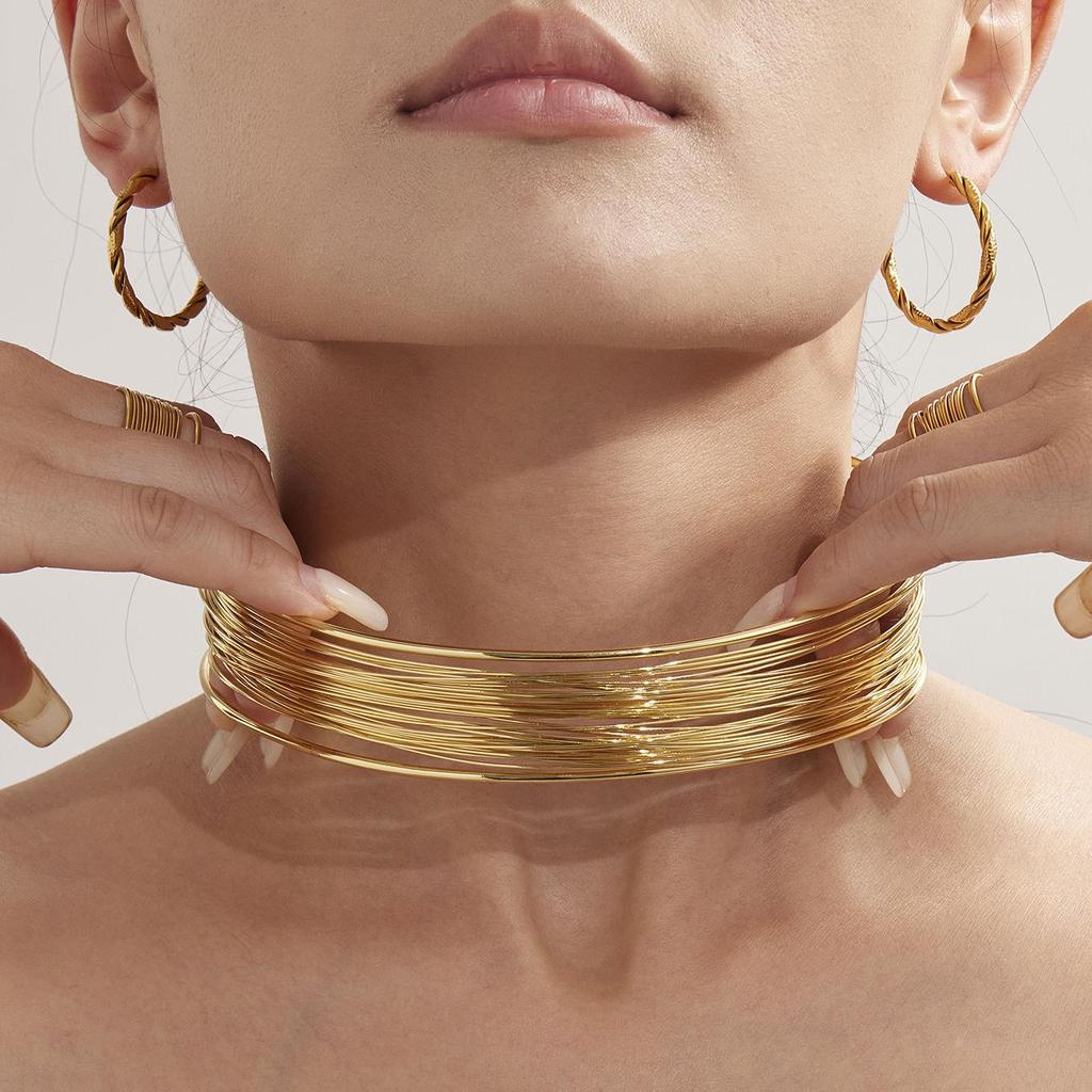 Oumaijia Edelstahl Drahtumwickter Choker & Offener Armreif - Europäischer & Amerikanischer Punk-Stil Schmuck