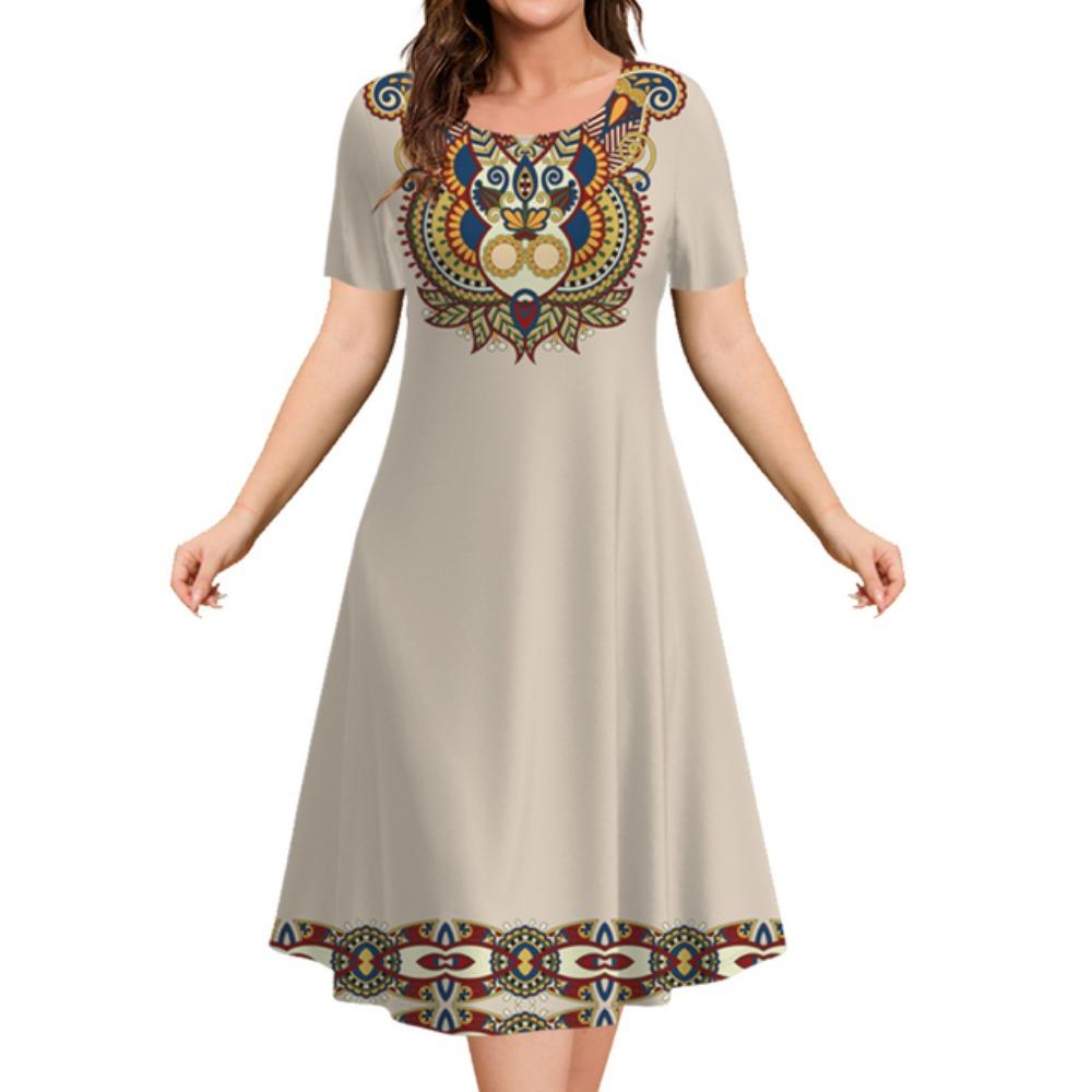 2026 Summer Fashion Ethnic Short-sleeved Mid-length Dress Women Retro Printed Luxury Dress