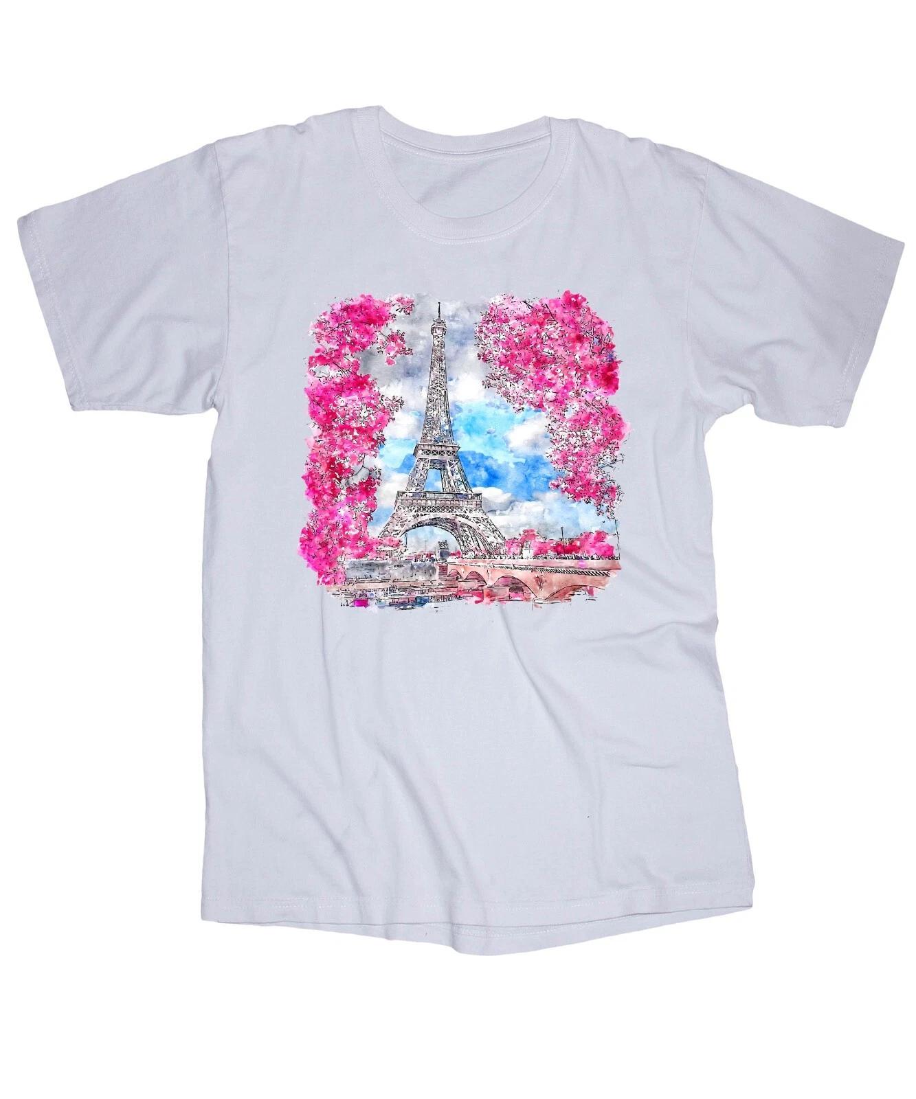 Paris France watercolor white T-shirt Flowers Travel Europe Tower M