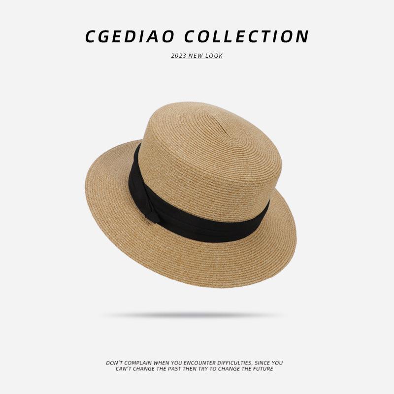Flat Top Straw Hat Women'S French Straw Top Hat Summer Big Brim Sun Hat Seaside Vacation Sun Hat