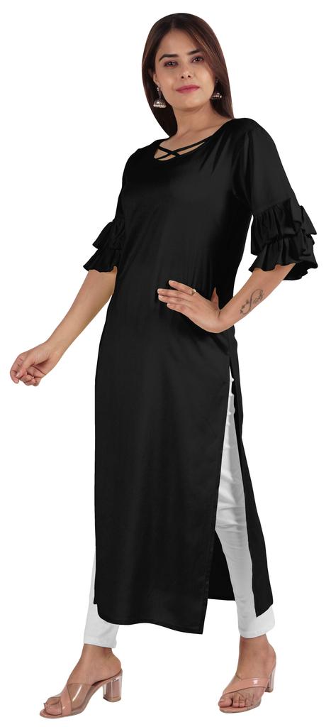 Moomaya Solid Designer Kurti Bell Sleeve Casual Long Straight Kurta For Women