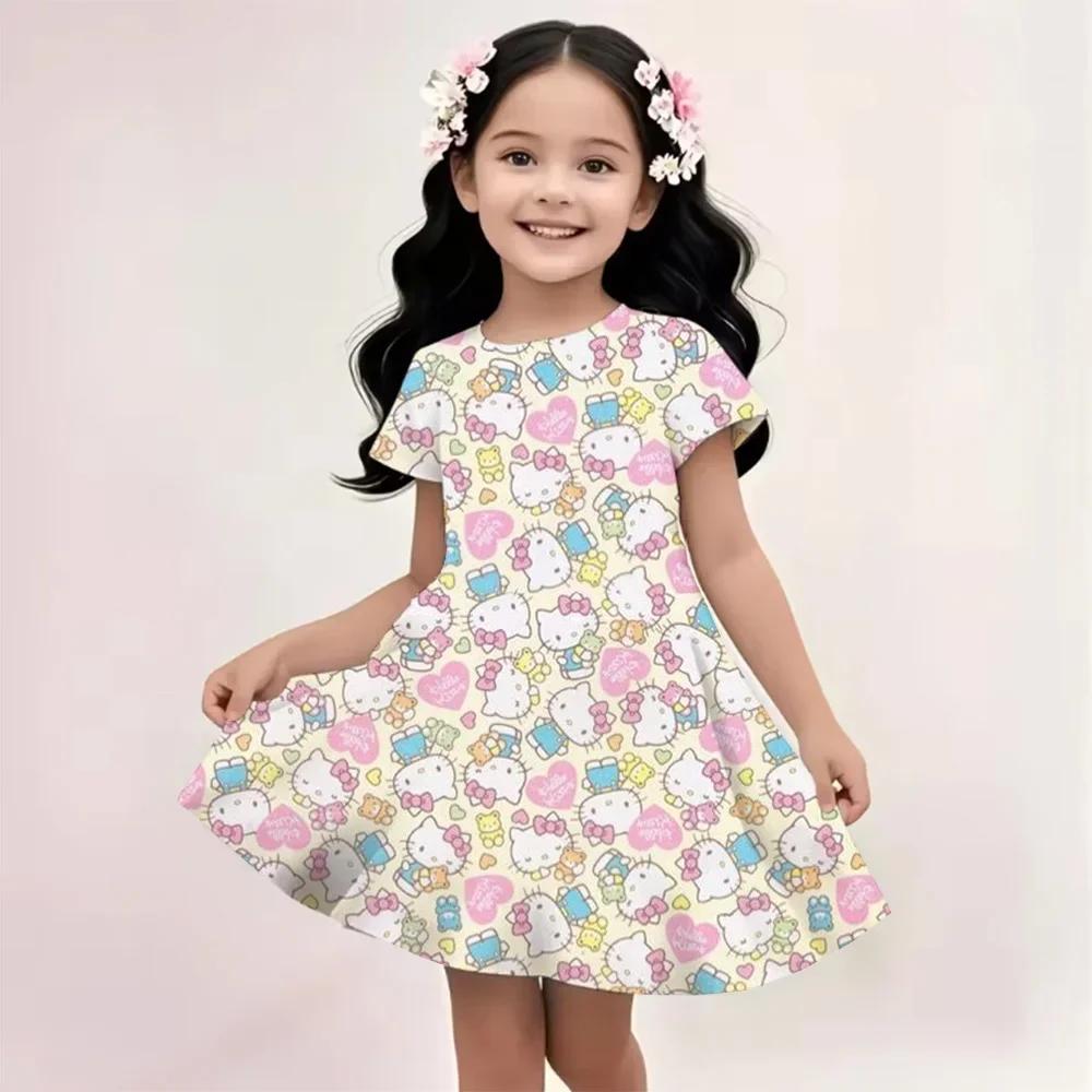 2025 Summer Girls Dress Fashion Cartoon Cute Cinnamoroll &Hello Kitty 3D Printing Dresses Kids Short Sleeve Princess Clothing