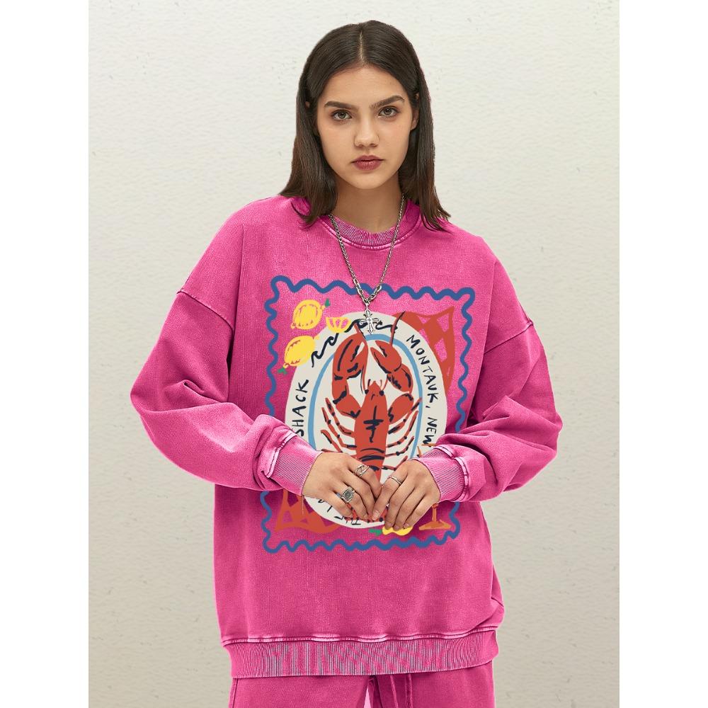 Lemon Drink With Lobster Print Womens Washed Sweatshirts Cotton Casual Sportswear Loose Autumn Clothes Crewneck Streetwer
