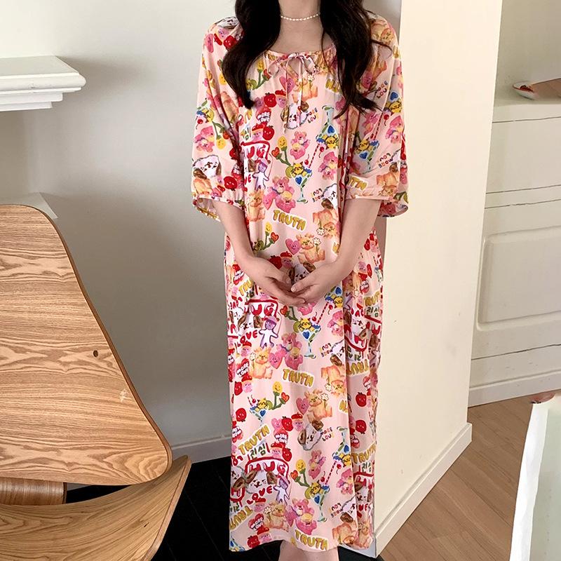 1011 new cotton and silk nightdress women's summer short-sleeved pajamas cartoon pony element long loose cotton silk skirt can be worn outside