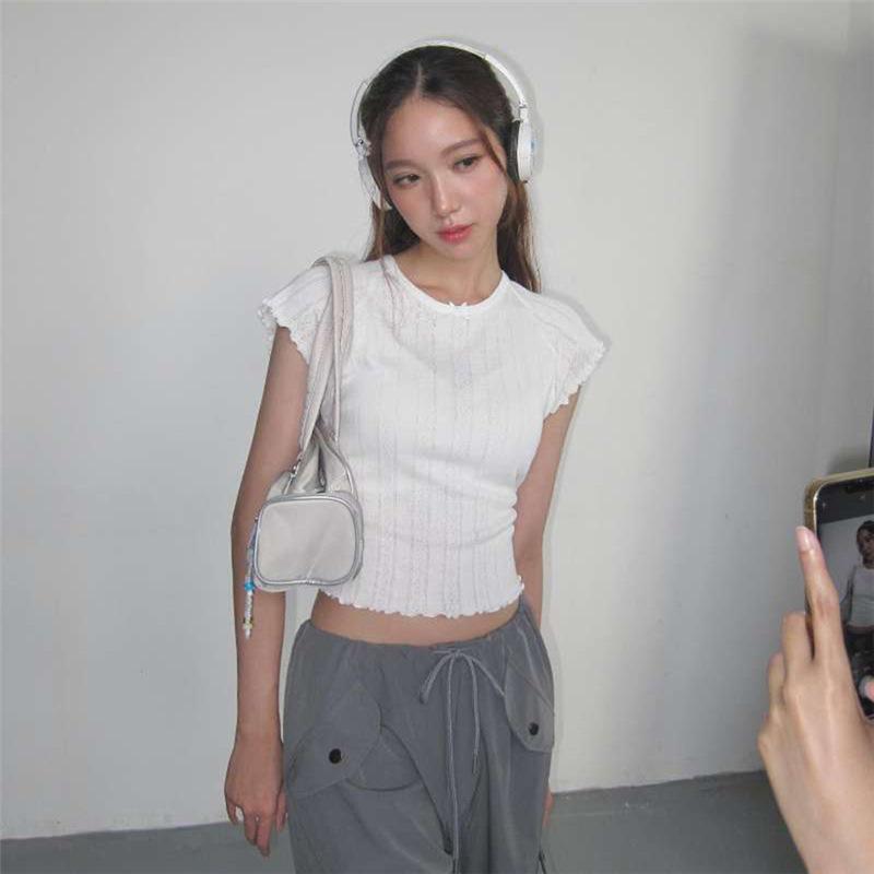 Spring and Summer Women's Clothing New Arrivals Sweet Girl Style Solid Color Personality Round Neck Slim Short Sleeve T-shirt for Women