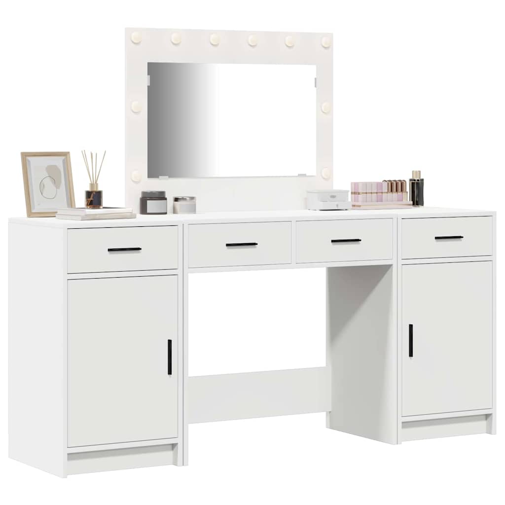 Makeup Table with Mirror Lighting 3 pcs White Wood Based Material