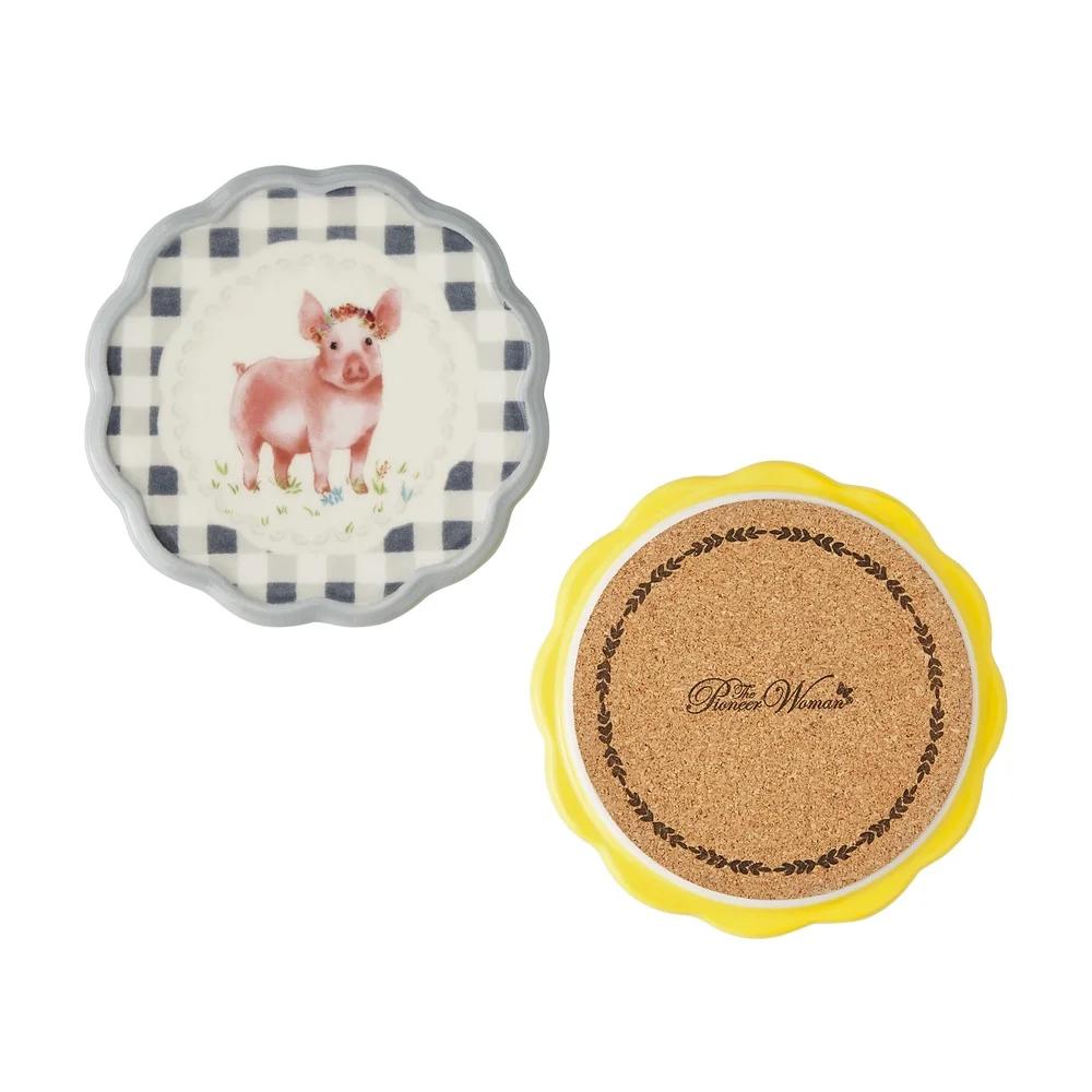 Set of 4 Gingham Ranch Coasters Stoneware Decorative Functional Water Stain Protection Hand Wash Unique Novelty Designs Durable