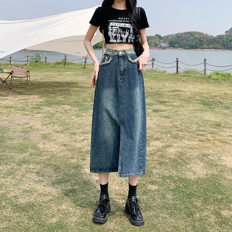 

Spring Women s High Waist Patchwork Color Block Denim Midi Skirt 5XL