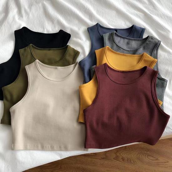 Women Summer Vest Round Neck Sleeveless Bottom Tops Slim Fit Tank Tops Solid Color Cropped