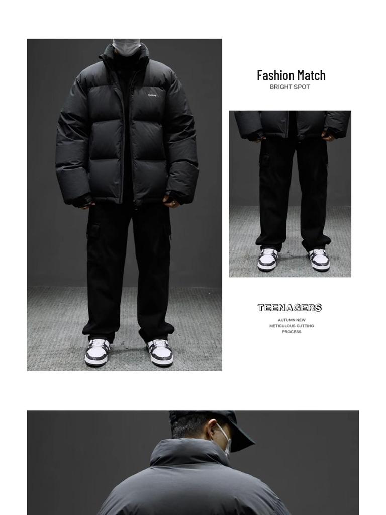 Men's Black Winter Down Puffer Jacket - Thick, Warm, Stand Collar, Casual Loose Fit, Trendy Youth Style