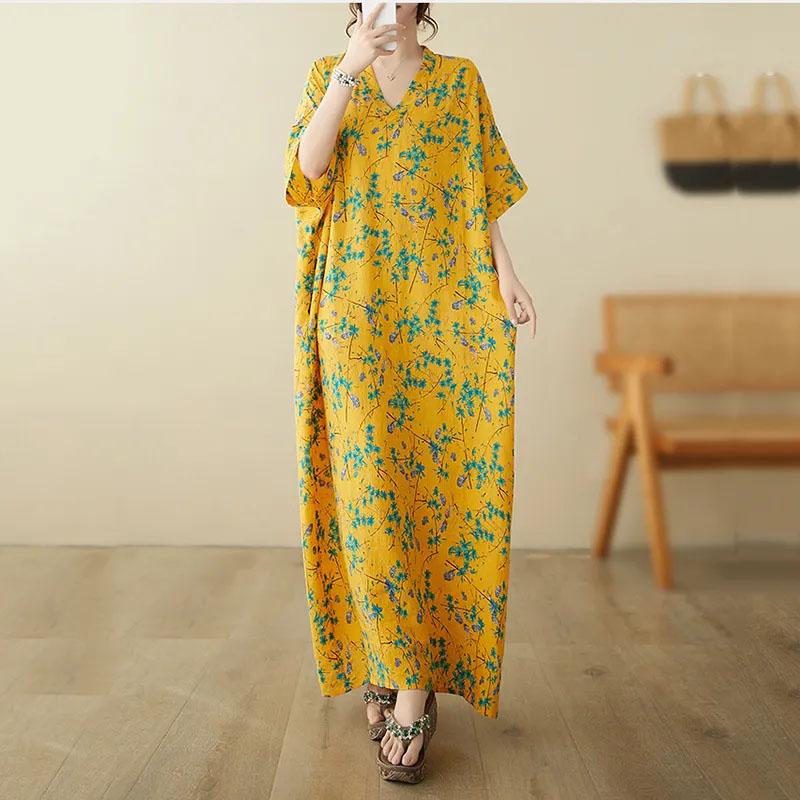 Oversized Dresses Summer Women Printing Loose Cotton Linen Long Dresses Large Hem Summer Women Long Dresses
