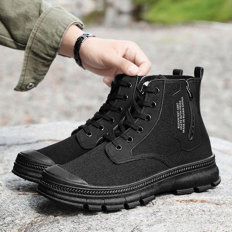 High-Top Yellow Canvas Labor Shoes: Unisex Spring/Autumn Outdoor Rubber Work Footwear