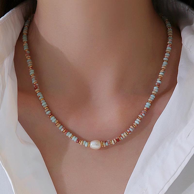 Color Dopamine Shoushan Stone Freshwater Pearl Necklace Femininity Fashion Niche Autumn And Winter Beaded Neck Chain Jewelry