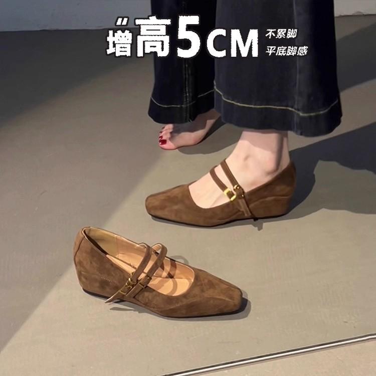 Sheepskin version~ Retro inner height increase square head single shoes one-word buckle commuting temperament French slope heel Mary Jane shoes women