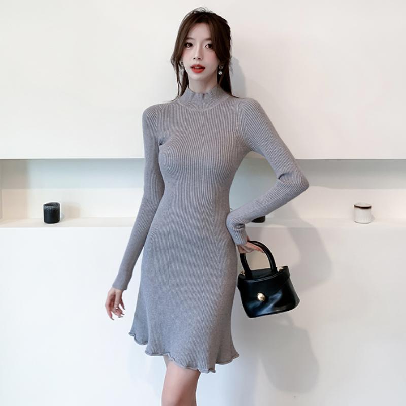 Herbst und Winter Slim Fit Einfarbig Gestricktes Damenkleid Langarm A-Linie Gerüschte Pulloverkleider Damen Lässig Hohe Taille Elegant Kurzes Kleid 25958