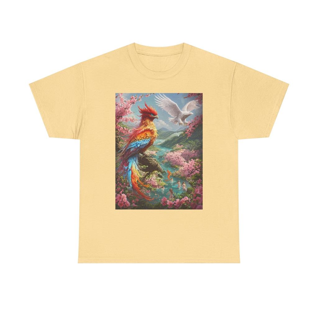 Buntes Phönix und Taube Unisex Schweres Baumwoll-T-Shirt, Geschenk für Naturfreunde Sommer Oberteil
