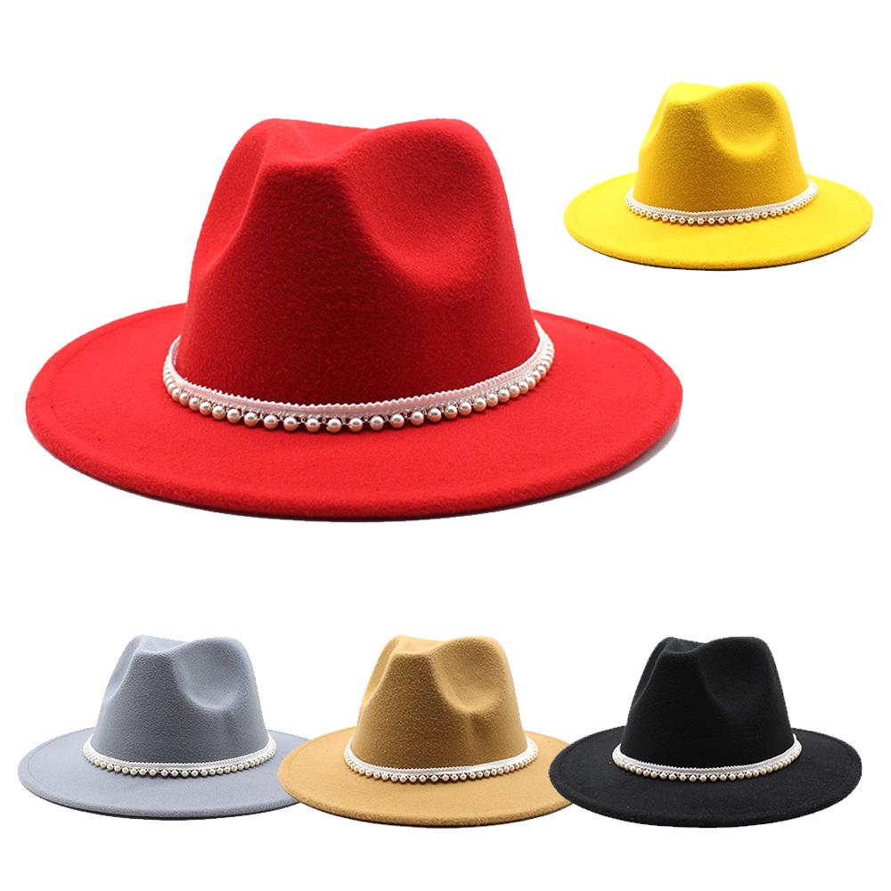 Autumn And Winter New Ribbon Hepburn Style Broad Brimmed Hat Fashion Flat Brim Top Hat Men And Women Woolen Fedora Hat