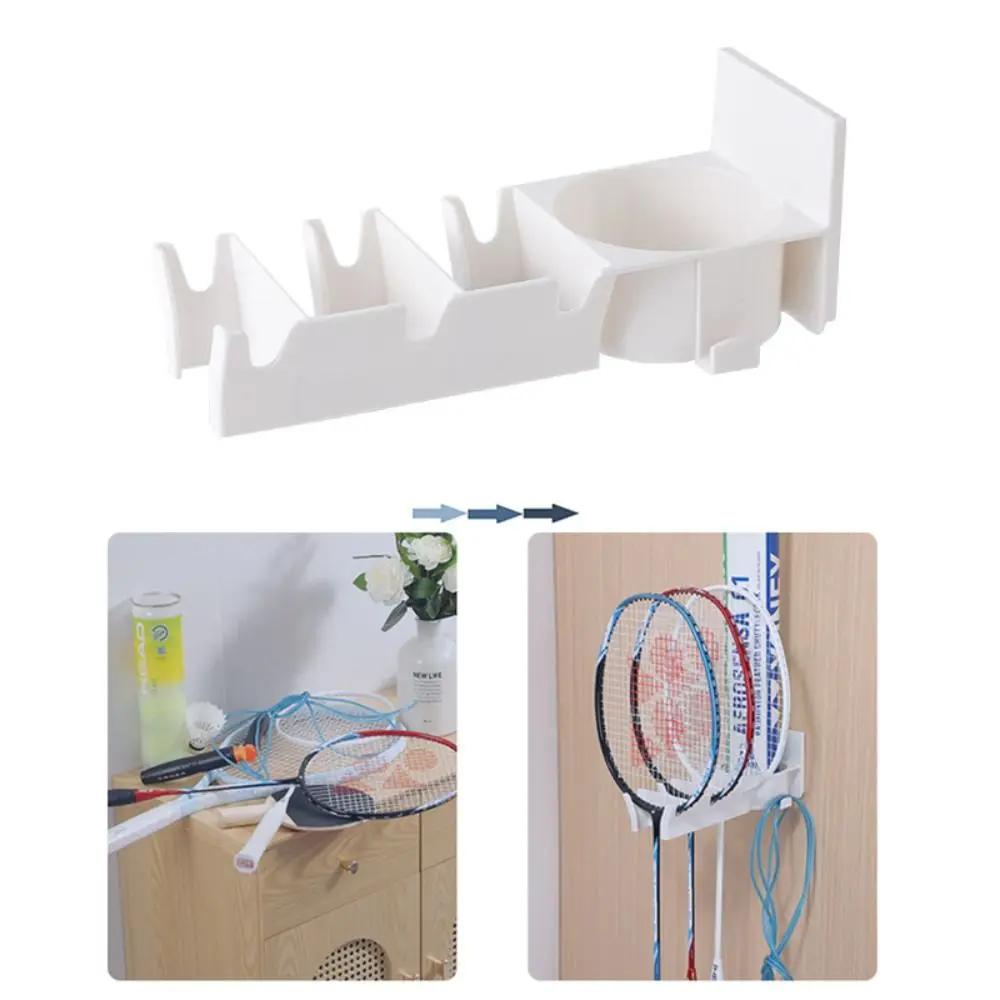 New Wall Mounted Badminton Racket Holder Punch Free 3-Slots Tennis Racket Hanger with Ball Storage Storage Rack Tennis