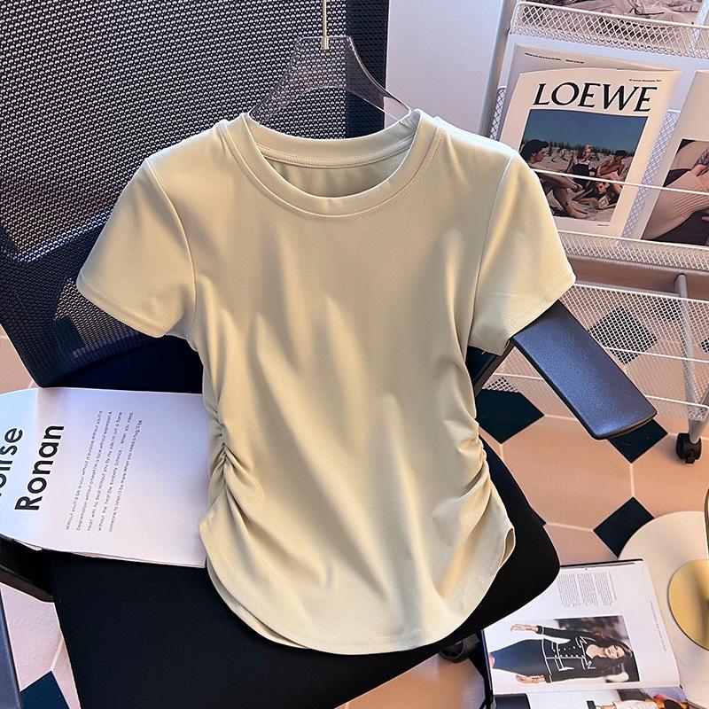 Women's Summer 2024 Ruched Waist Irregular Short Sleeve Round Neck T-Shirt