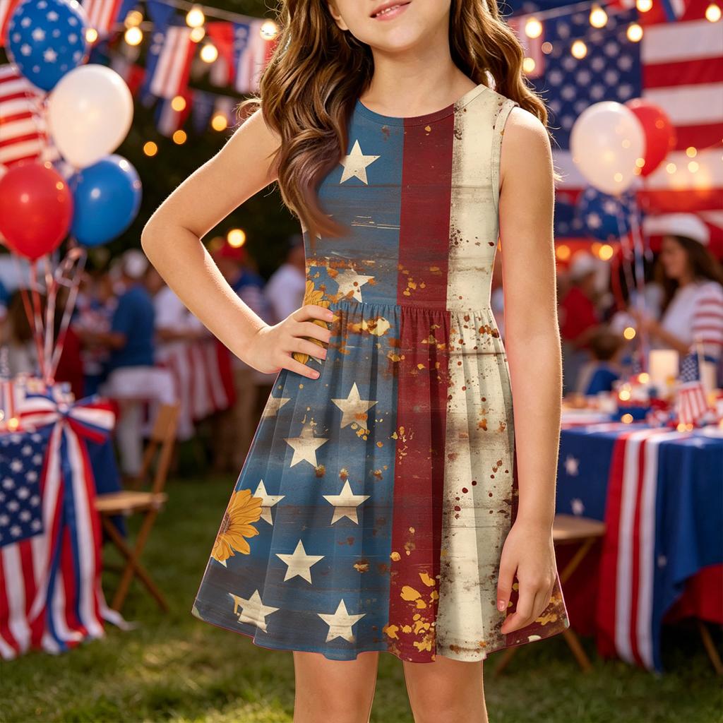 Girls' Summer Princess Dress - A-Line Vest Splice Dress Independence Day