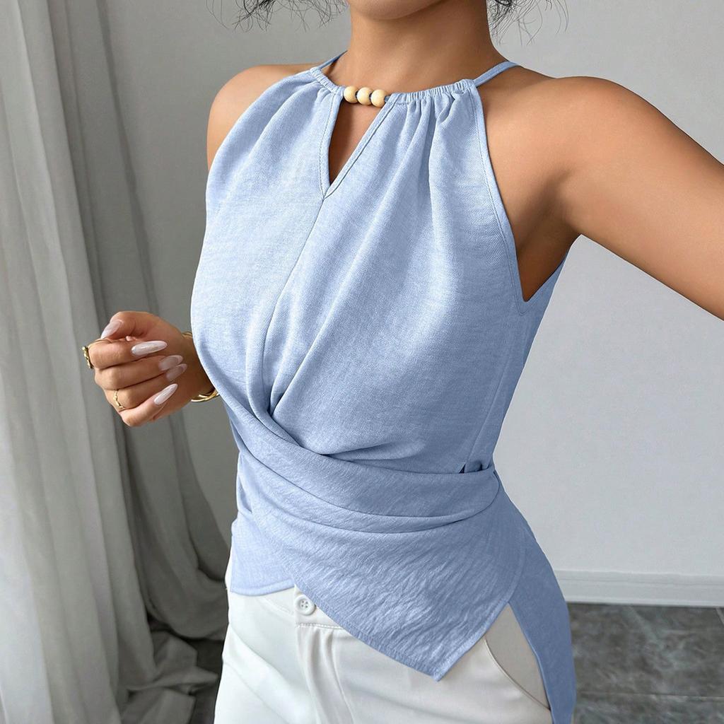 Ladies' Fashionable Temperament Hanging Neck Sleeveless Waist Cinched Short Top