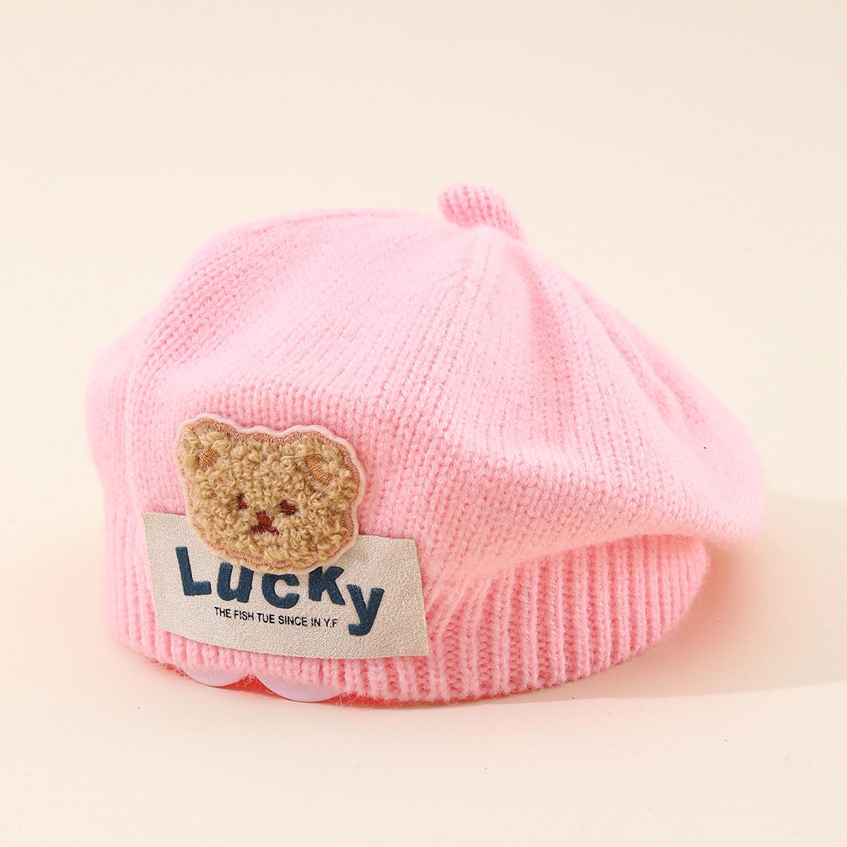

Children s Cartoon Bear Embroidered Knitted Beret - Warm and Versatile for Autumn/Winter рожевий