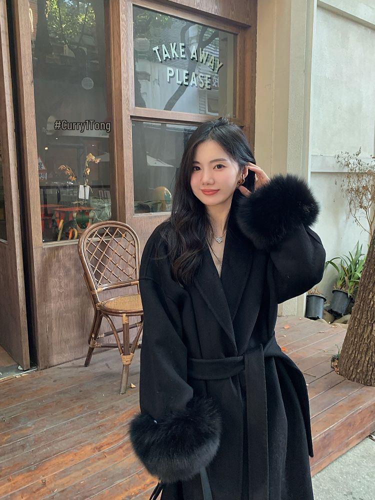 

2024 Женское пальто высокого класса из двухстороннего кашемира и шерсти с рукавами из лисьего меха M (60-75 kg)