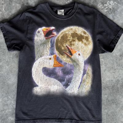 Drei Gänse Heulen Mond Shirt, Vollmond Tier Grafik T-Shirt, Retro Naturfreund