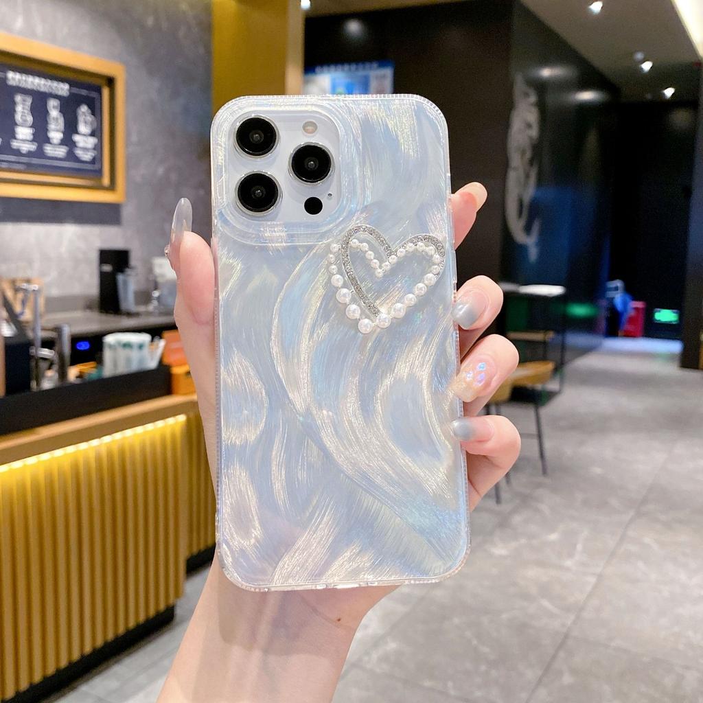 Feather Gauze Is Suitable for The Apple 15PRO Spring and Summer Simple Protective Case, Fairy Heart Pearl Chain, and Phone13 Case