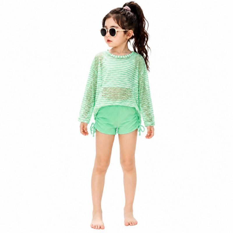 Girls 3-Piece Swim Set With Long Sleeve Rash Guard Board Shorts Bikini Top Beach Vacation Sun Protection
