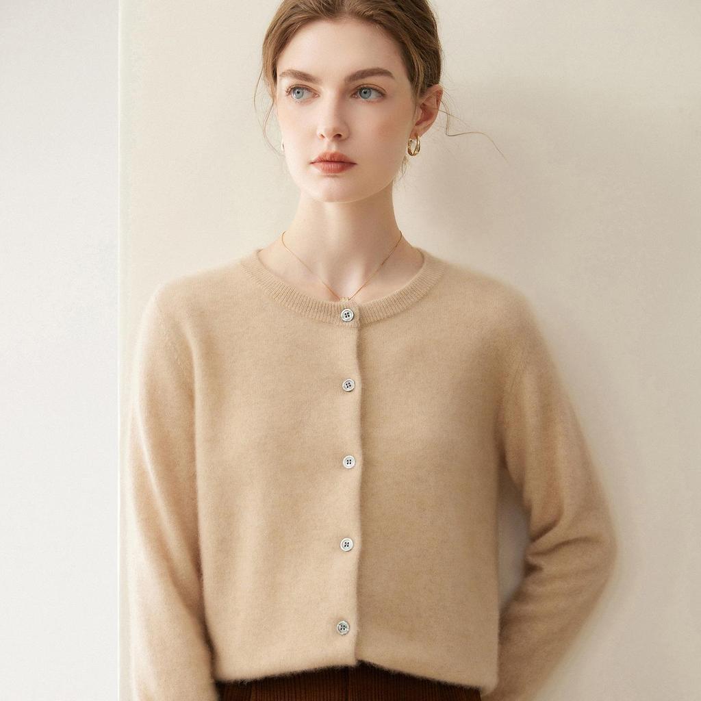 Lekasha 100% Pure Cashmere Knitted Round Neck Cardigan for Women
