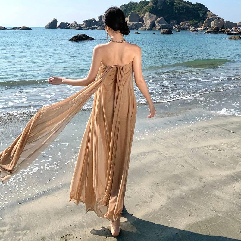 Tube-Top Netz-Streamer-Kleid Fee Sommer Senior Sexy Rückenfrei Meeresurlaub Strandkleid Langes Kleid