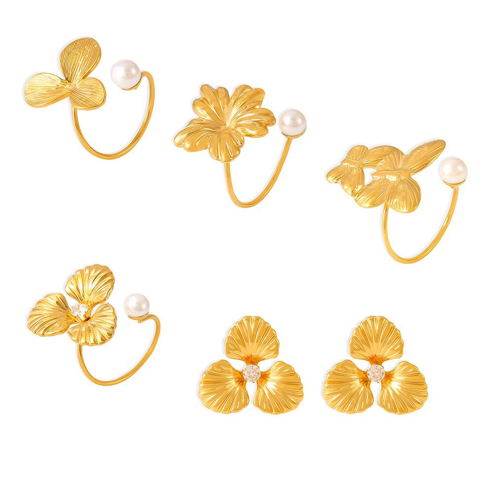 Pearl Flower 18K Gold Adjustable Titanium Steel Ring & Fashion Earrings Set