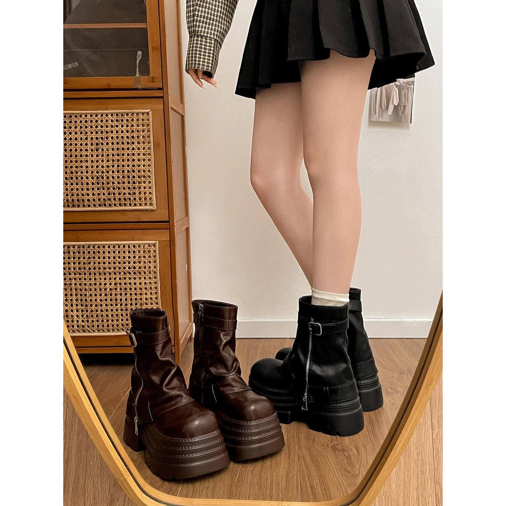 Retro Brown British Style Thick-soled Martin Boots Autumn with Skirt To Increase Height and Show Thinness Short Boots