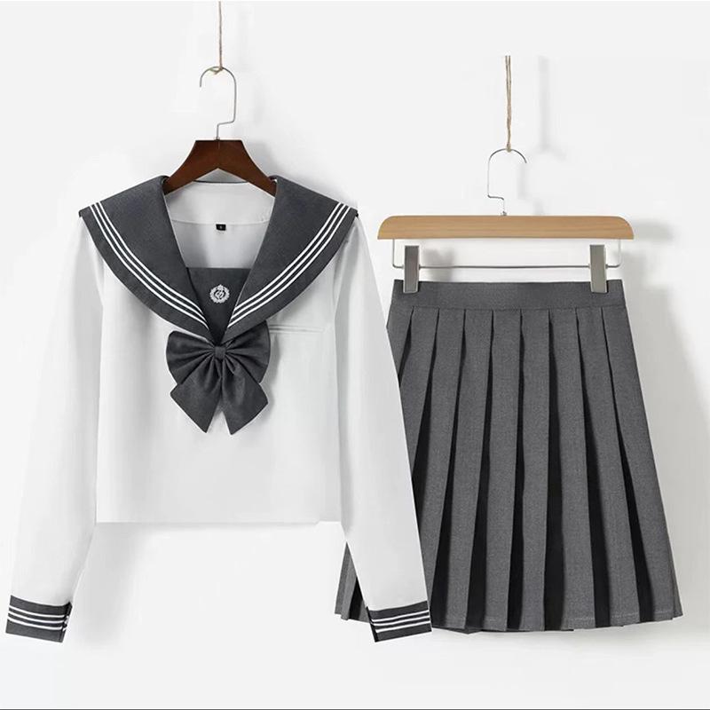 Japanese Embroidery Gray JK School Uniform: Sailor Suit with Short/Long Sleeves & Pleated Skirt for Spring/Autumn.