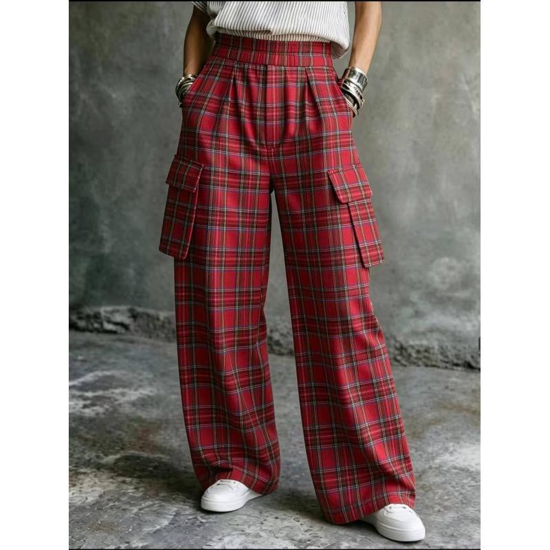 2026 Cross-Season Plaid Elastic Waist Wide-Leg Cargo Pants with Large Pockets
