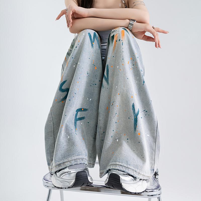 Graffiti Ripped High Waist Denim Wide Leg Pants Stretch Comfortable Street Fashion