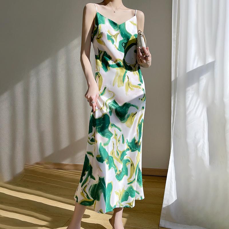 Vestido de verano de seda con cuello halter para mujer, vestido con cuello en V, estampado floral, sexy