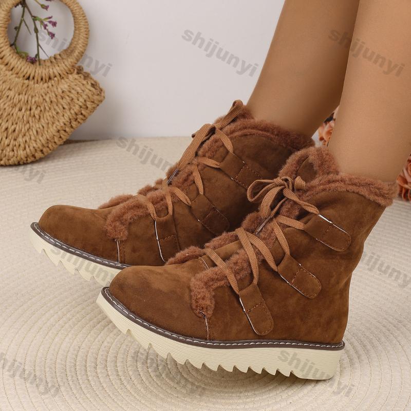 Fashion Thick Plush Snow Boots for Women Winter Warm Lace Up Flat Warm Cotton Shoes Woman Lightweight Outdoor Ankle Boots Plus Size 43