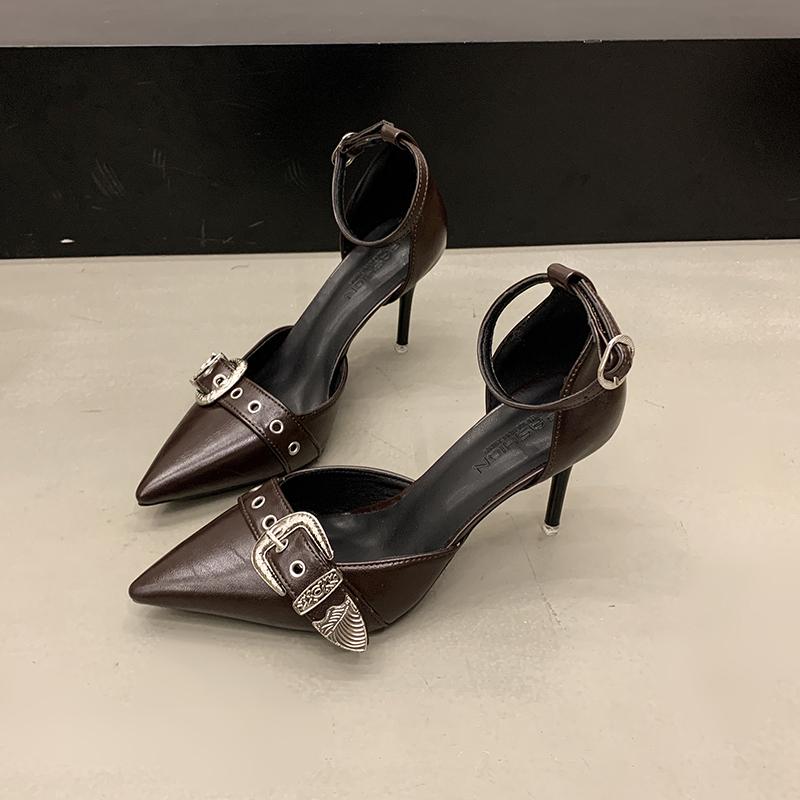New One-line Pointed Toe Stiletto Rivet High Heels Feminine Buckle Punk Style Hollow Single Shoes