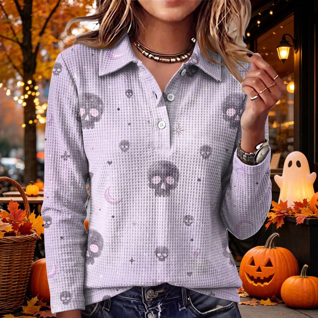 Women's Halloween Print Knit Long Sleeve Top with Lapel Collar