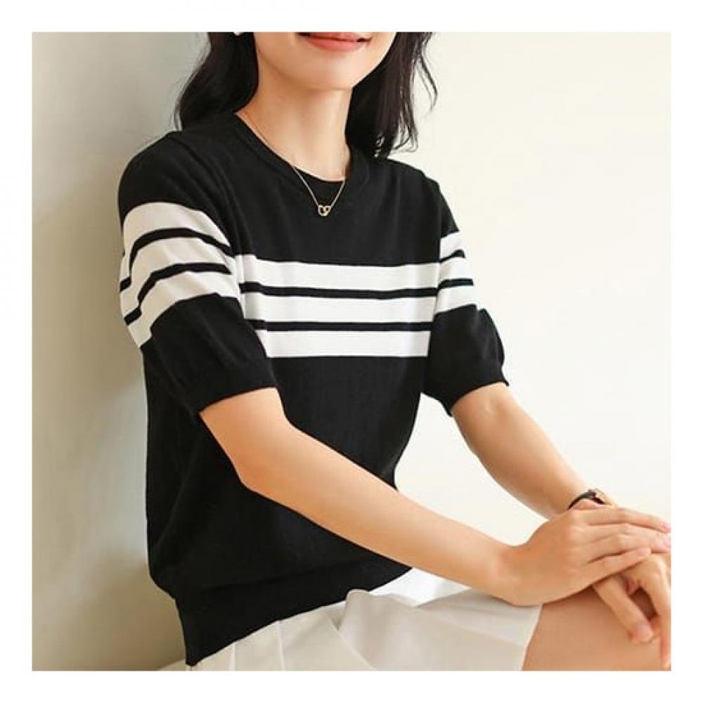 Navava Women Line Point Round Neck Short Sleeve Knit Nk2007