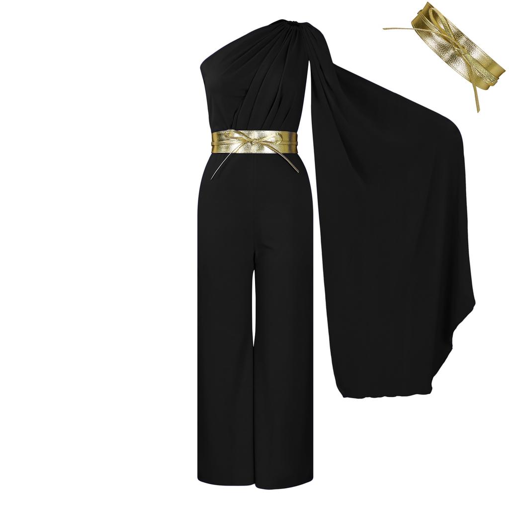 Trousers Women's Spring and Summer New Fashion Temperament Diagonal Neck Splicing Pleated OL High-waisted Jumpsuit